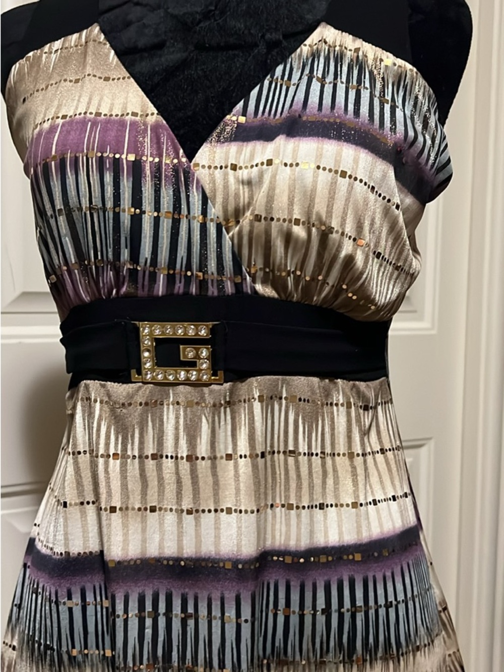 Women's V-Neck Print Top with Black and G rhinestone detail